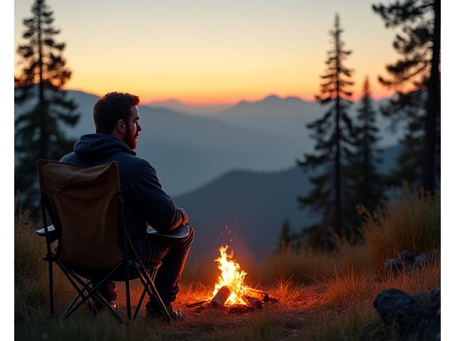 Founder Elias Thorne reflecting by a campfire at dusk, a rugged landscape in the background