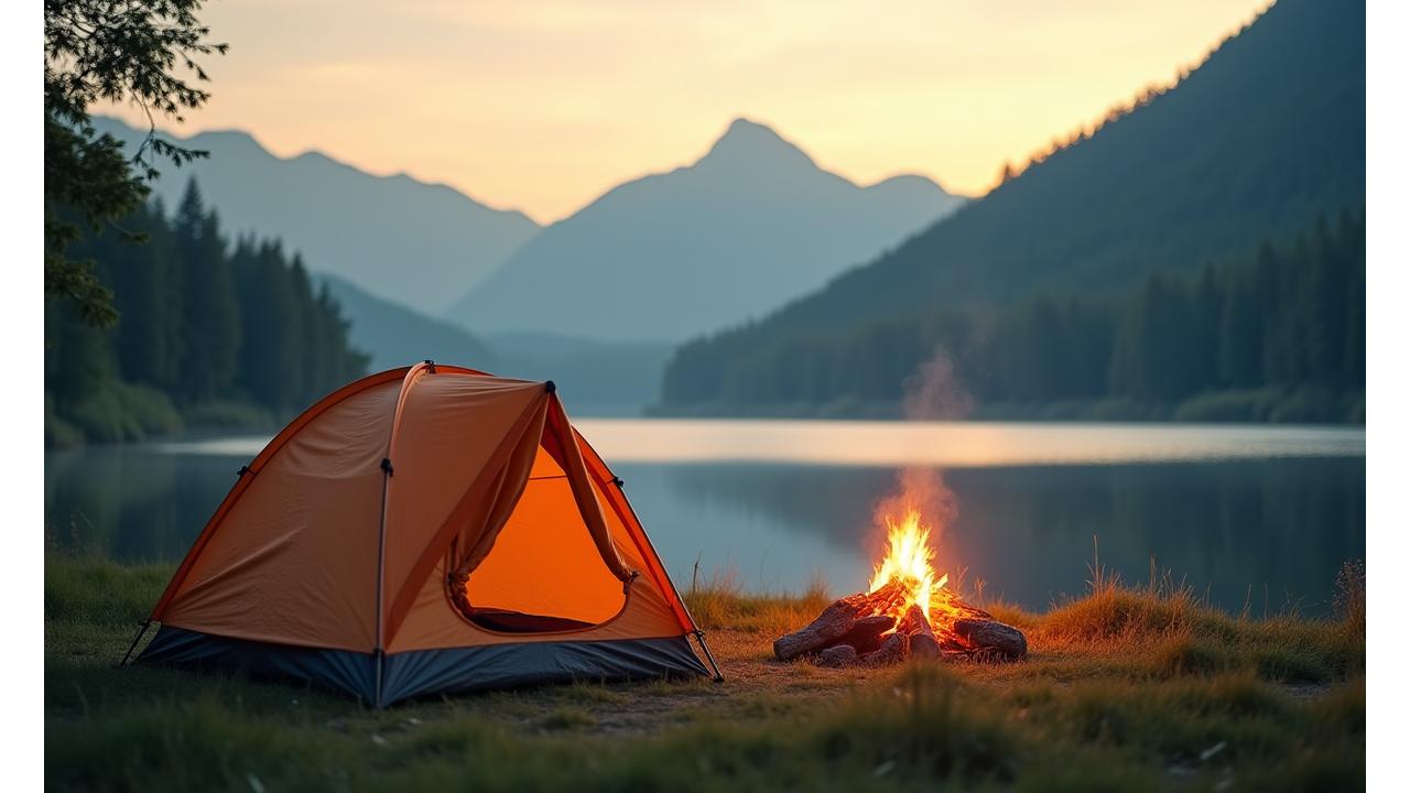 A serene campsite at dawn with a two-person tent, campfire embers, and a peaceful lake in the background, symbolizing accessible adventure for new campers.