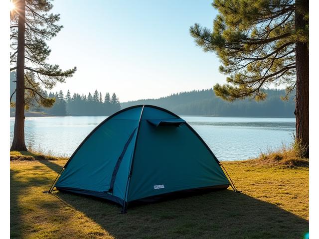 Classic dome tent pitched in a sunny campground clearing near a lake.
