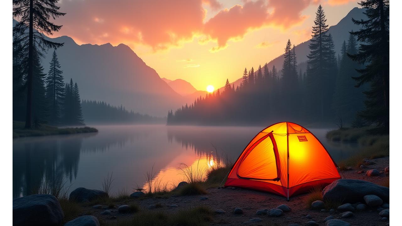 Scenic campsite at sunrise with glowing tent and mountain backdrop, inviting blog header