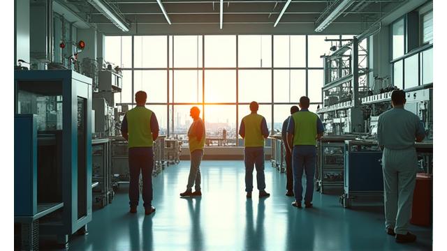 Modern factory interior with solar panels on the roof visible through a window, and clean, automated machinery, representing sustainable manufacturing.