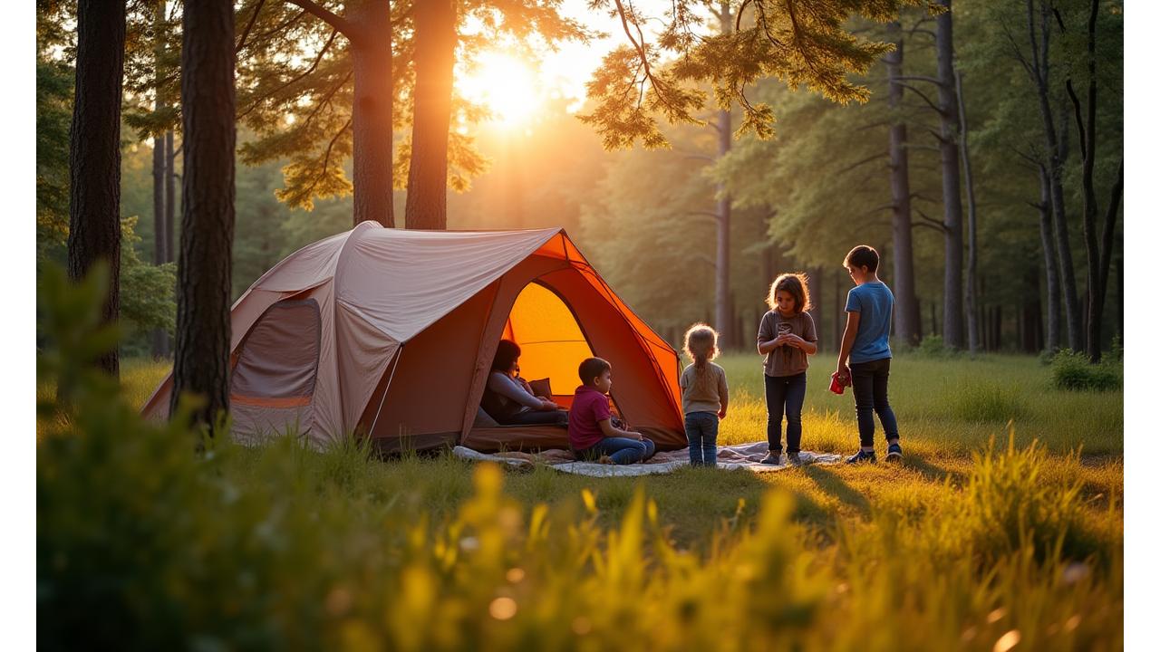 Family setting up a large tent in a scenic campsite with children playing nearby.