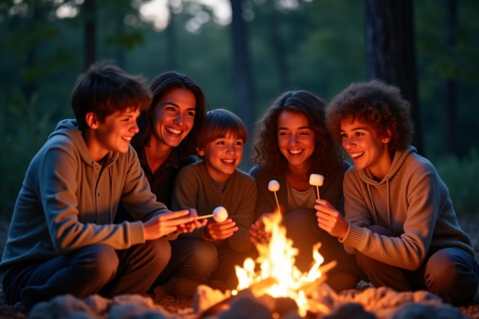 Family sitting around a campfire, laughing and roasting marshmallows at dusk.