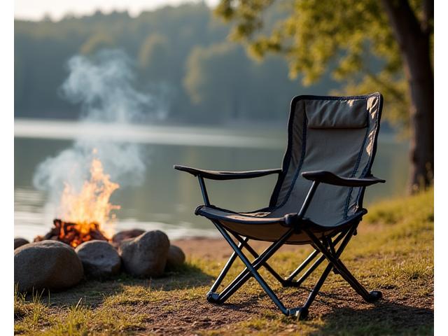 Elegant, foldable camping chair with wooden armrests and comfortable fabric