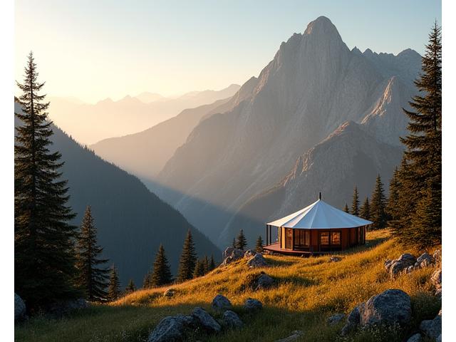 Luxury glamping tent in the Rocky Mountains at sunset