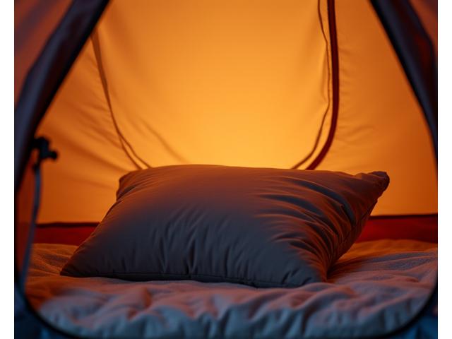 Compact inflatable camping pillow set up in a cozy tent